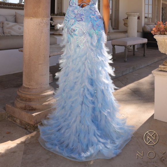 NEW FORMAL SLEEVELESS SHEATH DRESS EMBROIDERED WITH SEQUINS & FEATHERS NX C1413 - Picture 8 of 8